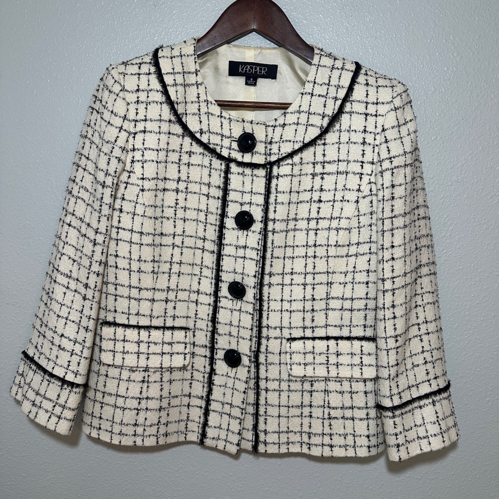 Kasper Women 8 Cream Black Tweed Windowpane Fringe Trim Button Front Blazer